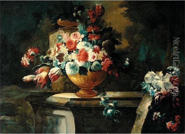 Still Life With Various Flowers In Bronze Urn, On A Stone Ledge In An Ornamental Garden Oil Painting - Giuseppe Lavagna