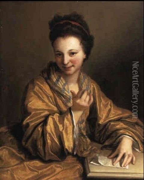 Young Lady Wearing A Yellow Robe Seated At A Table Oil Painting - Jean-Baptiste Santerre