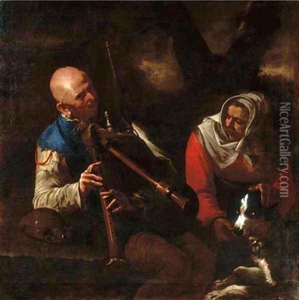 A peasant playing a bagpipe and an old woman listening with a dog Oil Painting - Pietro Paolini
