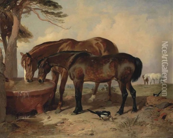 Merry Trick And Mark Hall; A Chestnut And A Bay Horse Drinking From A Trough In A Landscape Oil Painting - Sir Edwin Henry Landseer