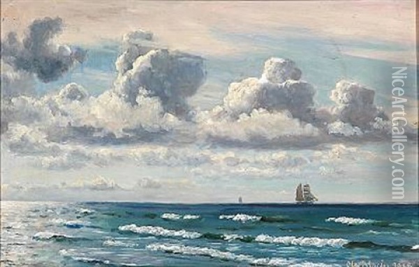 Summer Day With Breakers And Sailing Ships On The Sea Oil Painting - Christian Blache