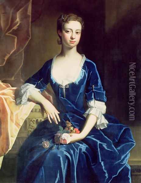 Portrait of a Lady in a Blue Velvet Dress Oil Painting - Charles Jervas