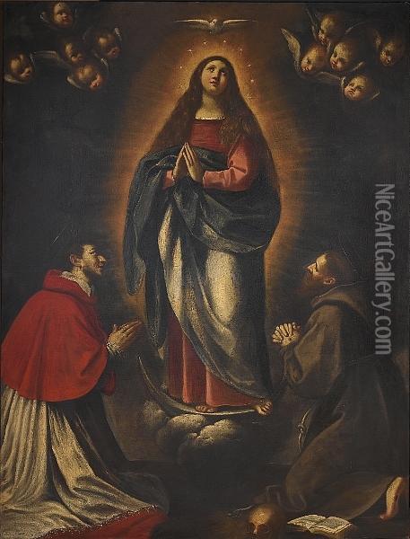 The Immaculate Conception With Saint Carlo Borromeo And Saint Francis Oil Painting - Giacomo Cavedone
