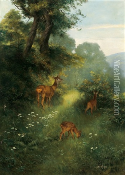 Rehe In Einer Waldlandschaft Oil Painting - Rudolf-Alfred Jaumann