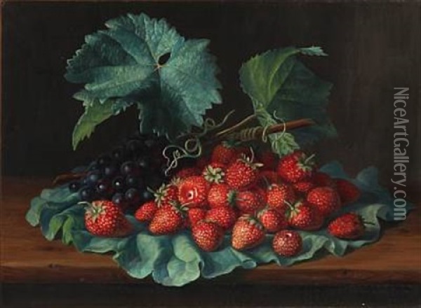 Strawberries And Blue Grapes On A Rhubarb Leaf Oil Painting - E.C. (Emil C.) Ulnitz