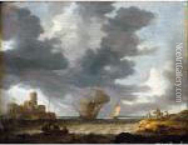 A Breezy Estuary Scene With A Dutch Man-o-war Before A Castle Oil Painting - Bonaventura, the Elder Peeters