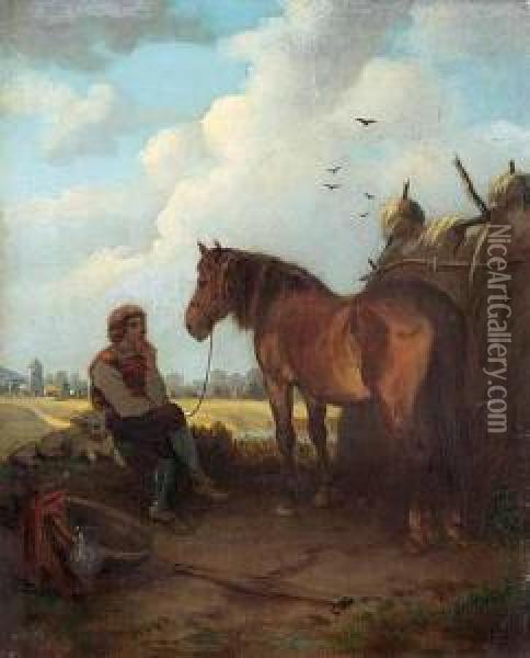 Junger Mann Mit Hund Neben Abgesatteltem Pferd, Nachdenklich Auf Einem Stein Sitzend. Oil Painting - Hubert Salentin