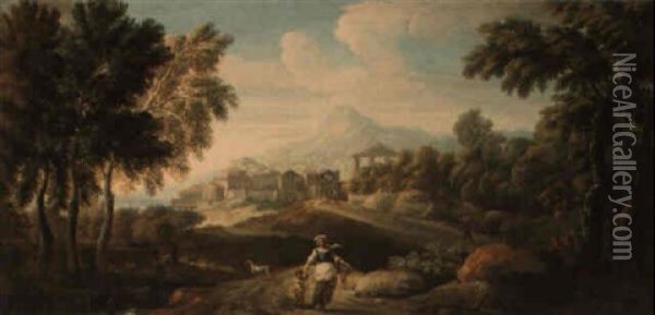 Italianate Landscape With Figures Oil Painting - Giovanni Battista Busiri