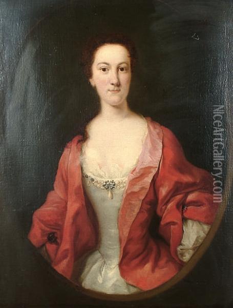 Portrait Of A Lady, Said To Be 
Caroline Digby, Half-length, In A White Dress With A Red Overdress In A 
Painted Oval Oil Painting - Thomas Hudson