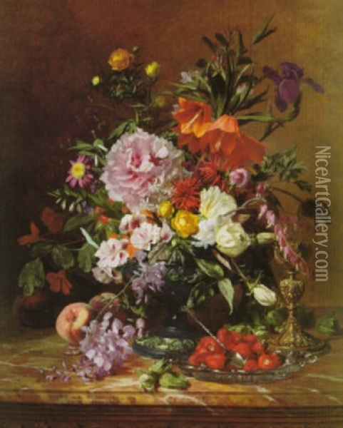 Still Life Of Flowers With Strawberries On A Marble Ledge Oil Painting - David Emile Joseph de Noter