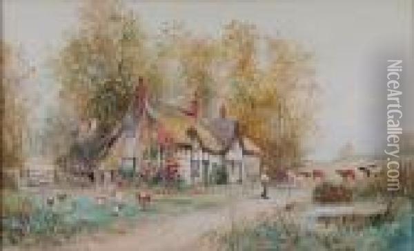 Old Lancashire Cottage; Figures,
 Sheep Andcattle Before A Cottage, Signed, A Pair Of Watercolours Oil Painting - Joseph Hughes Clayton
