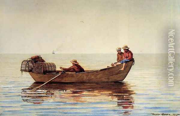 Three Boys in a Dory with Lobster Pots Oil Painting - Winslow Homer