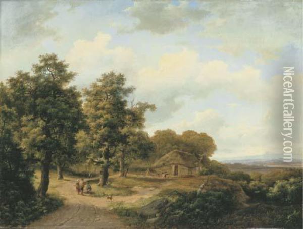 A Wooded Landscape With Peasants On A Country Road Oil Painting - Marianus Adrianus Koekkoek