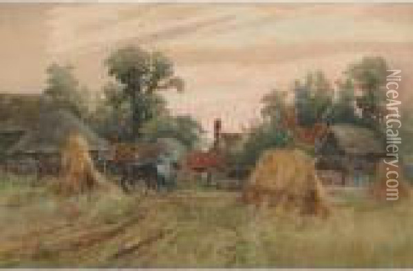 Leading Horses Through The Farmyard Oil Painting - Henry Charles Fox