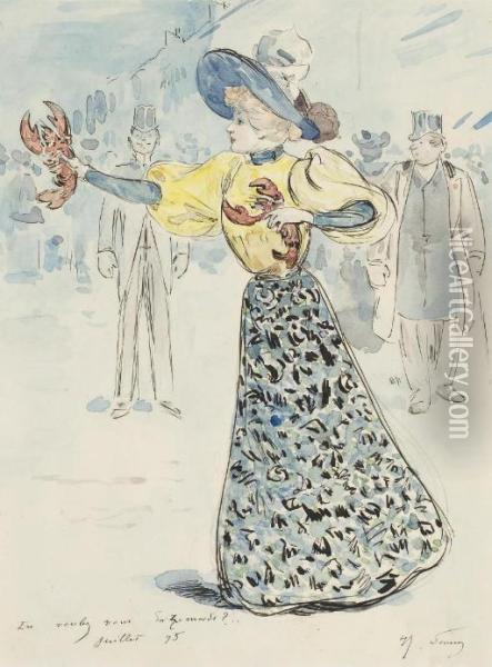 Une Femme Au Chapeau Entouree De Deux Hommes Au Chapeau Haut De Forme. Oil Painting - Henry Somm