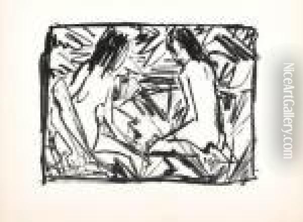 Ein Sitzendes Und Ein Kniendes Madchen Unter Blattern
(badende) Oil Painting - Otto Mueller