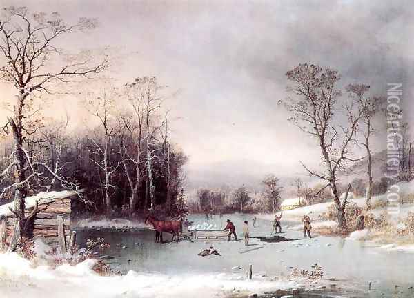 Winter in the Country, Getting ice Oil Painting - George Henry Durrie