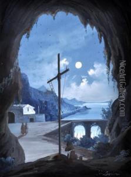 Amalfi Di Notte Dal Convento Dei Cappuccini Oil Painting - Gioacchino La Pira