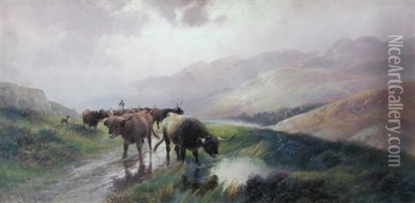 Highland Cattle At A Moorland Pond By Loch Maree, Evening; And A Highland Drove (pair) Oil Painting - Harry Hall