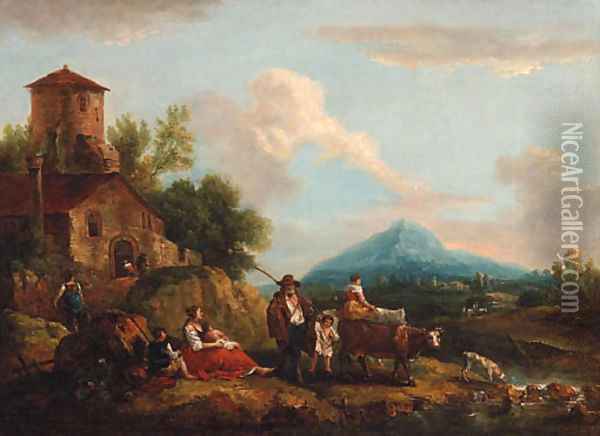A landscape with a drover and peasants on a river bank near a farmhouse Oil Painting - Francesco Zuccarelli