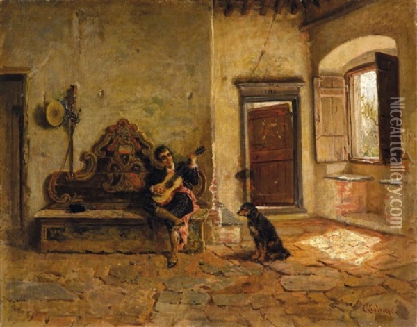 Figura Con Chitarra E Cane In Un Interno, 1900 Oil Painting - Bartolomeo Giuliano