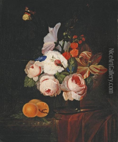 Roses, Tulipes, Liseron Et Autres Fleurs Dans Un Vase En Verre, Abricots Poses Sur Un Entablement Drape Oil Painting - Johan Johnsen
