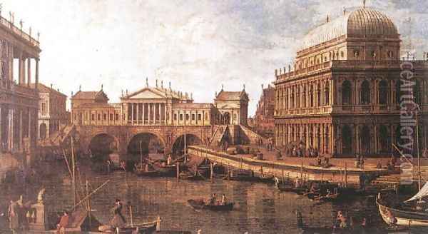 Capriccio- a Palladian Design for the Rialto Bridge, with Buildings at Vicenza 1740s Oil Painting - (Giovanni Antonio Canal) Canaletto