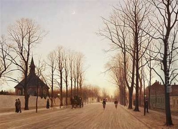 Parti Fra Frederiksberg Alle En Vinterdag Ved Solnedgang Oil Painting - Adolf Alfred Larsen