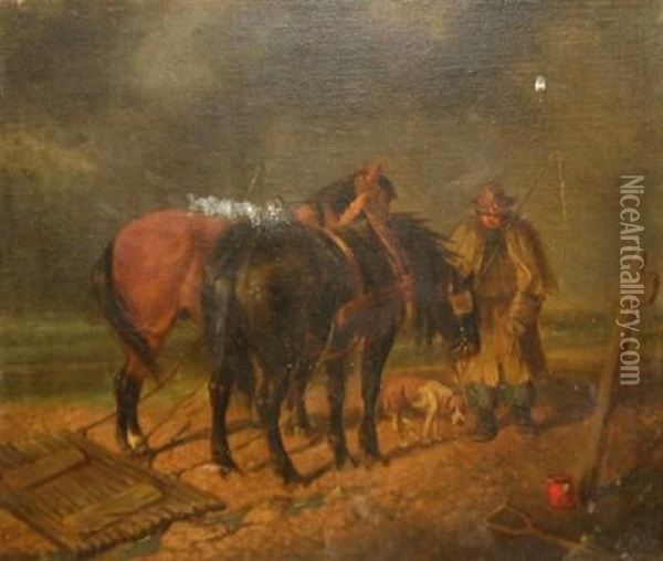 Two Horses And A Farmer Oil Painting - Carl Fredrik Kiorboe