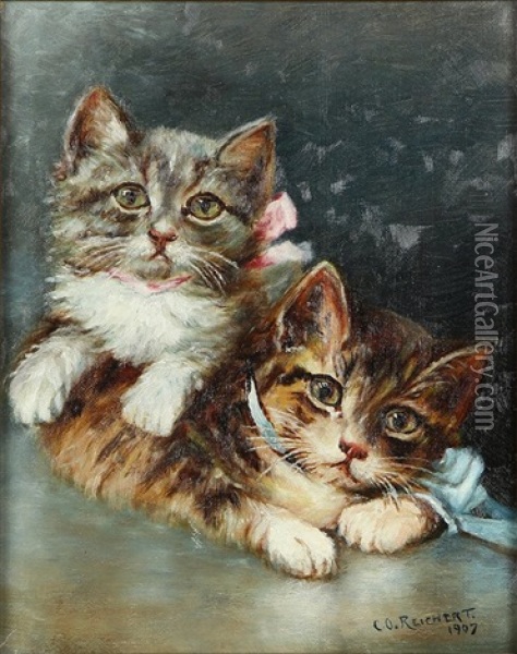 Two Kittens Oil Painting - Carl Reichert