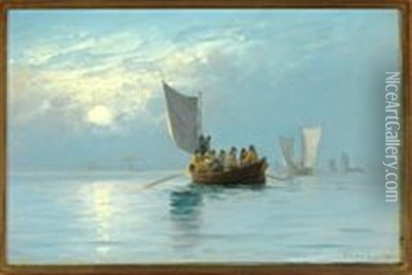 Fishing Boats Returning At Sunset Oil Painting - Carl Ludvig Thilson Locher