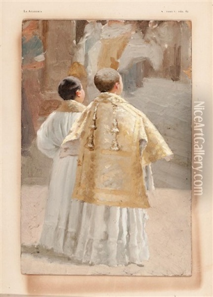 Monaguillos Y Obispo (2 Works) Oil Painting - Francisco Galofre Y Oller