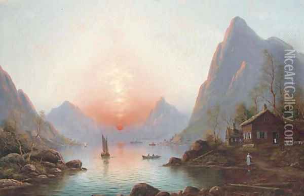 A fjord at sunset Oil Painting - Nils Hans Christiansen