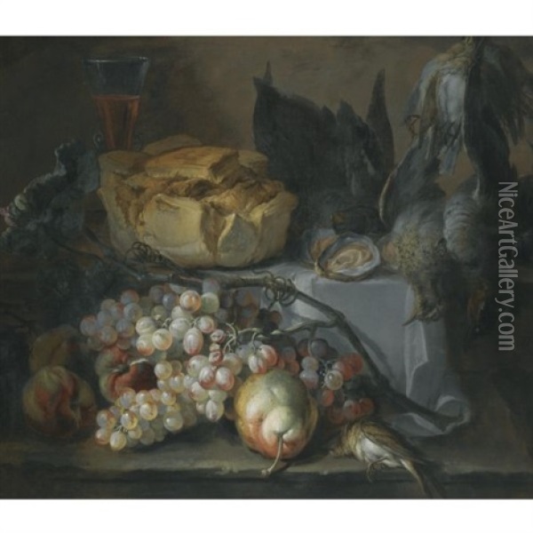 Still Life With A Loaf Of Bread, Oysters, Grapes And Dead Game Oil Painting - Pierre Nicolas Huilliot