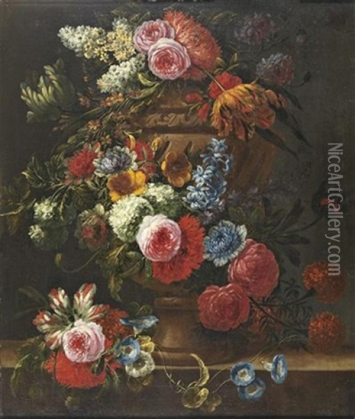 Un Bouquet De Fleur Dans Une Urne Posee Sur Un Entablement Oil Painting - Jan-Baptiste Bosschaert