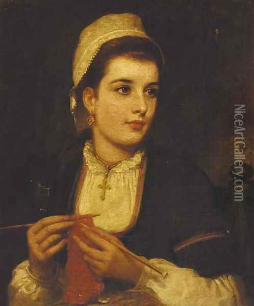 A young lady knitting in an interior Oil Painting - Charles Sillem Lidderdale