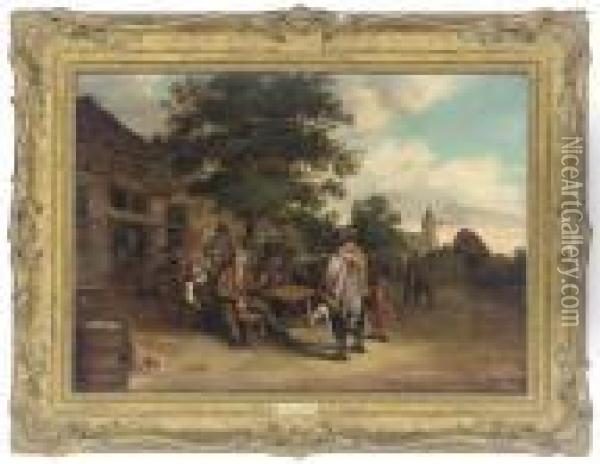 A Village Street With A Fiddler And A Hurdy-gurdy Player Before Aninn With Other Figures Oil Painting - Cornelis Dusart