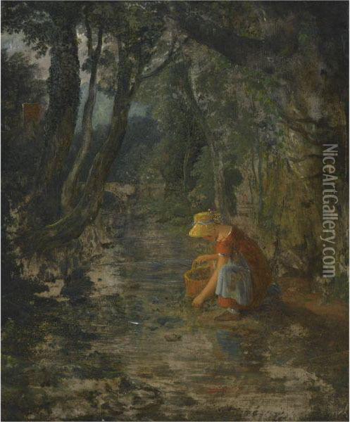 A Girl Collecting Berries By A Brook In A Wooded Landscape Oil Painting - Francis Danby