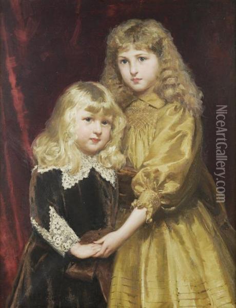 Portrait Of Jessica And Thomas Frost, She In A Gold Silk Dress, Her Brother In Van Dyck Costume Oil Painting - Alfred Edward Emslie