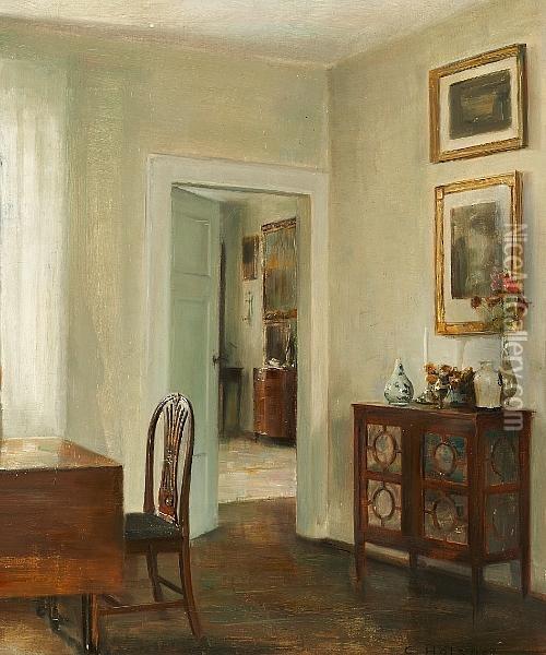Interior With An Open Door. The 
Home Of The Artist At Altona Farm Near The Manor House Torbenfeldt, 
Morkov Oil Painting - Carl Vilhelm Holsoe