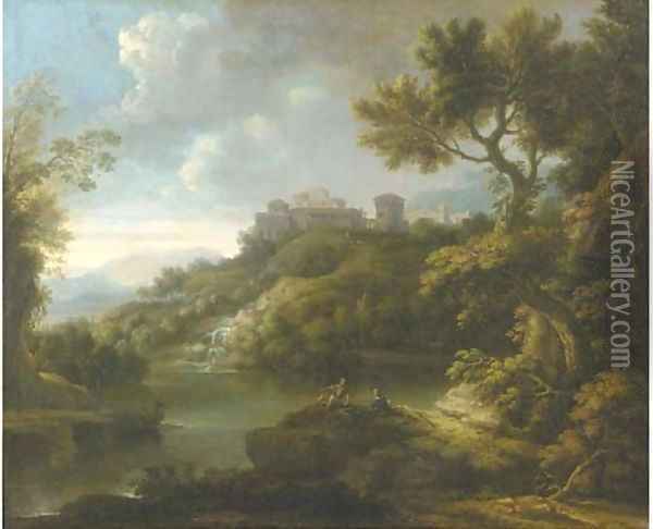An arcadian landscape with figures resting by a lake, a town on a hilltop beyond Oil Painting - Paolo Anesi