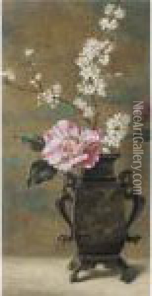Still Life Of Pink Roses Oil Painting - Helen Cordelia Coleman Angell