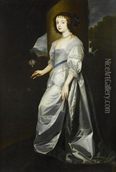 Portrait Of Lady Mary Villiers, 
Full-length, In A White Silk Dress Standing Before An Open Curtain, 
Holding A Rose Oil Painting - Sir Anthony Van Dyck