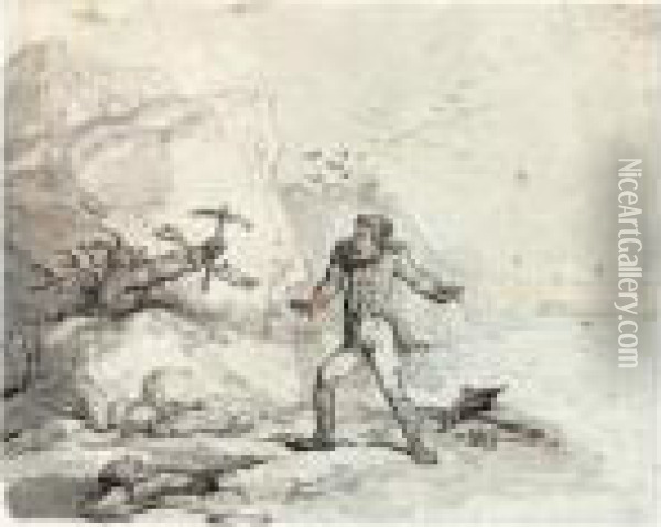 Napoleon On The Shores Of St 
Helena, Menaced By A Devil With A Pick And Shovel, A Grave-digger 
Looking On Oil Painting - Thomas Rowlandson