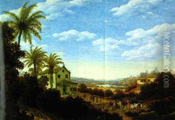 Brazilian Landscape With Dancing Natives And A Chapel With A Porch Oil Painting - Frans Jansz Post