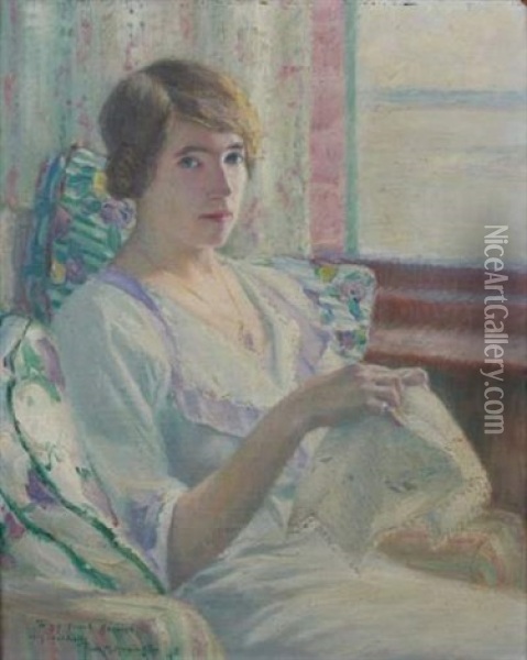 Femme A Sa Broderie Oil Painting - Frank Milton Armington
