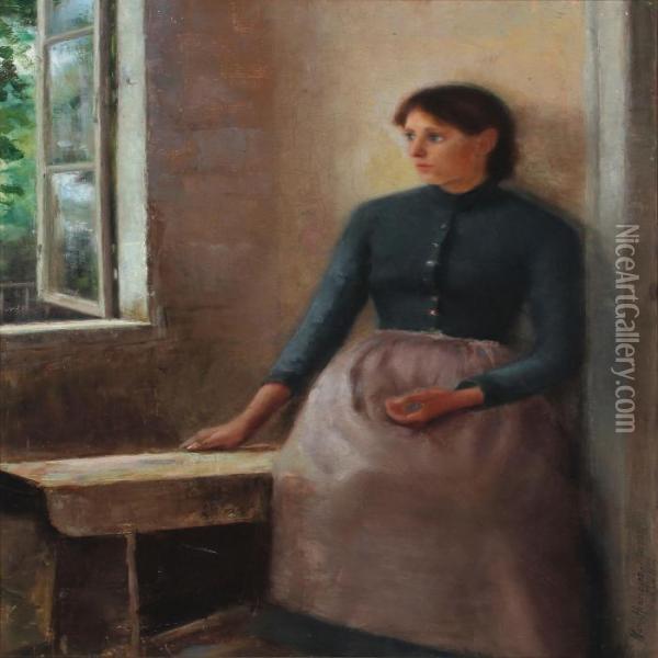 Interior With Young Woman By Window Oil Painting - Marie Henriques