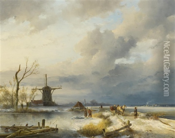Eisfischer An Einem Hollandischen Kanal Oil Painting - Johannes Franciscus Hoppenbrouwers
