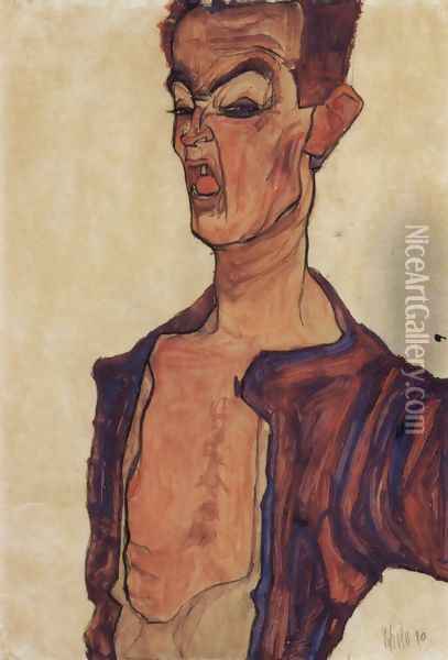 Selfportrait, a grimace piercingly Oil Painting - Egon Schiele