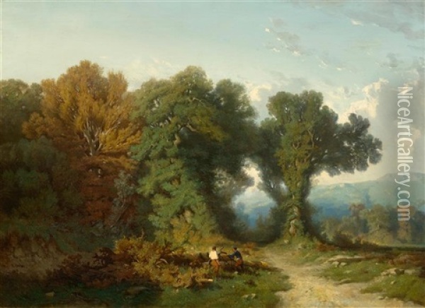 Two Wood Cutters At The Forest Edge Oil Painting - Gustave Eugene Castan